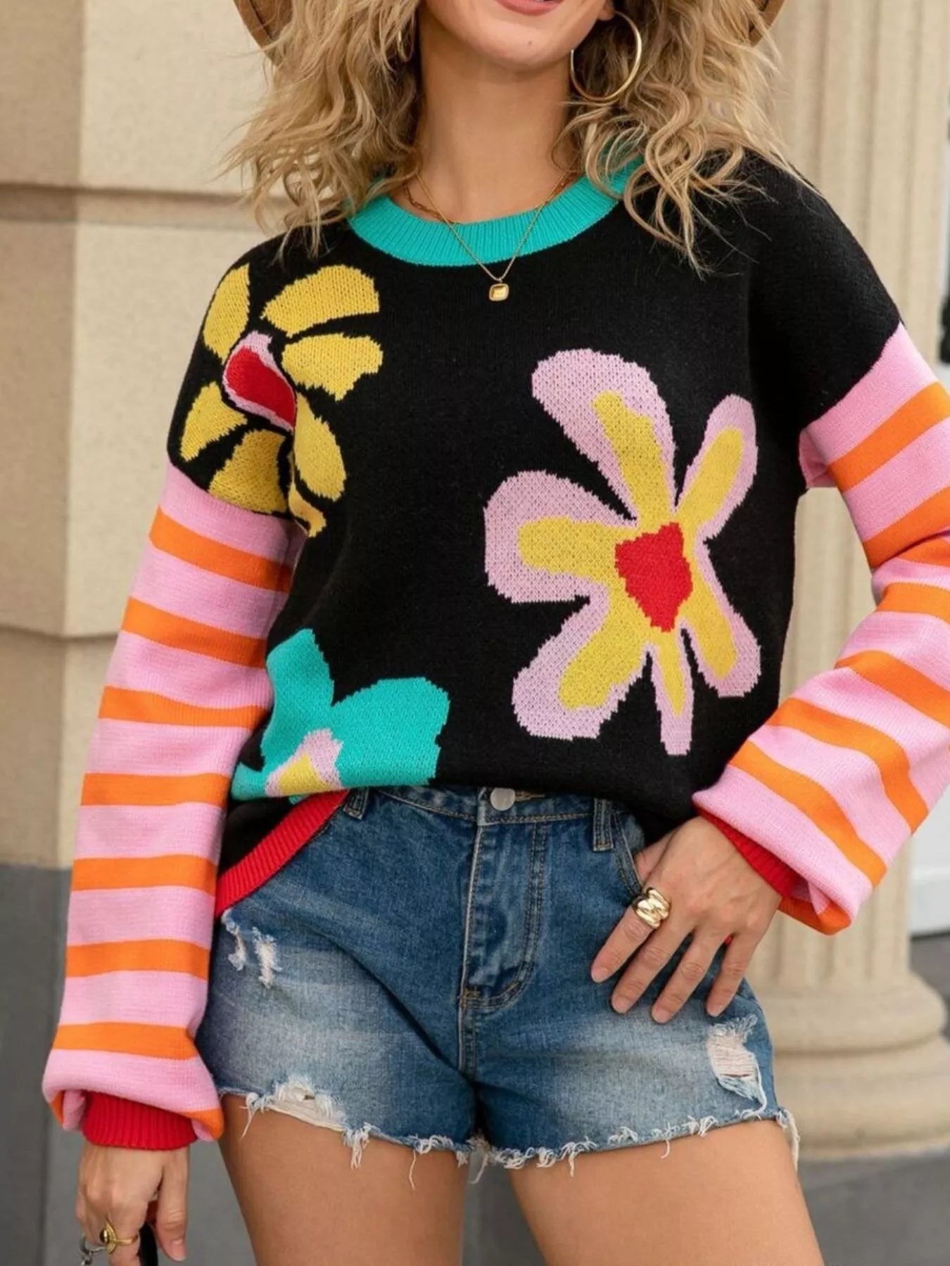 Retro Floral Striped Sleeves Crew Neck Sweater  DAME BOHEME