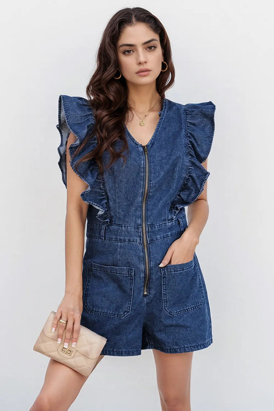 Denim Ruffled Zipped Front Belted Romper Trendsi
