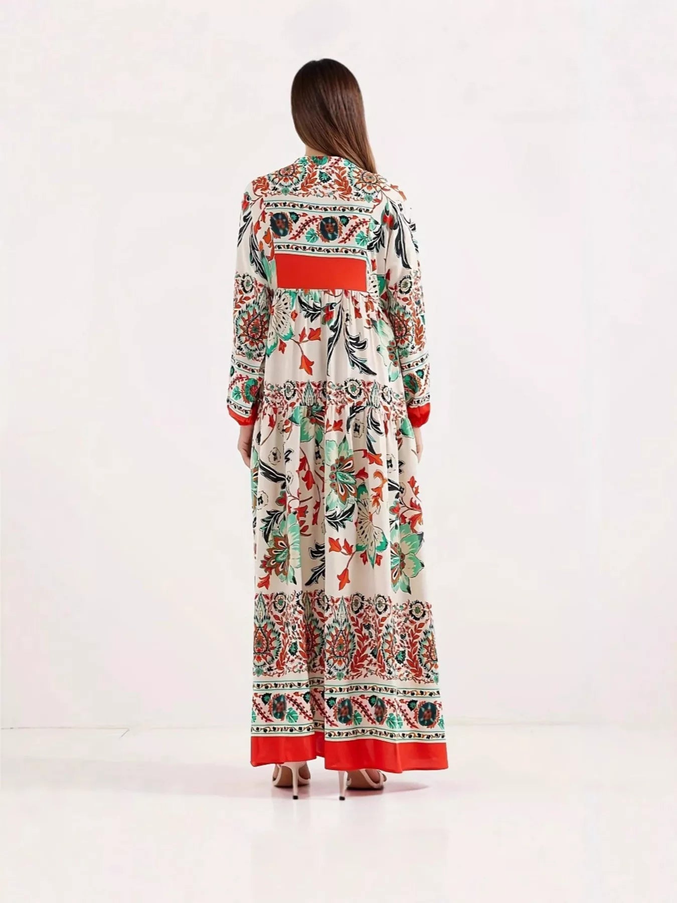 Printed Notched Long Sleeve Maxi Dress  DAME BOHEME
