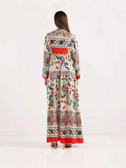 Printed Notched Long Sleeve Maxi Dress  DAME BOHEME
