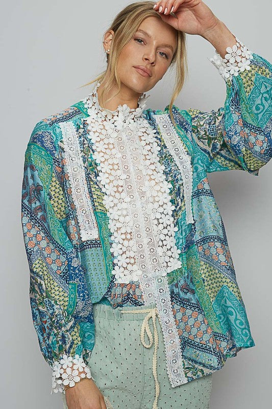 POL Lace Detail Printed Button Down Shirt Trendsi