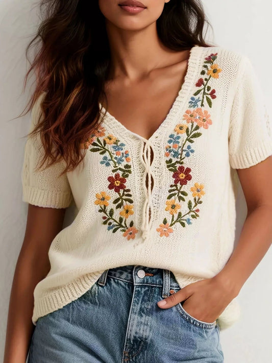 Floral Embroidered Short Sleeve Sweater  DAME BOHEME