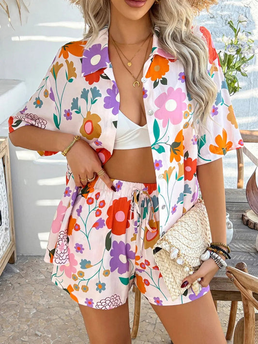 Devine Tropical Print Button-Down Shirt and Shorts Set Trendsi