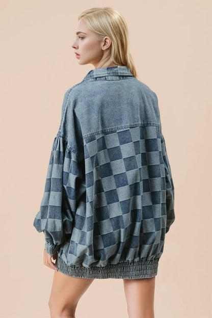 Double Take Checkered Button Up Denim Jacket  DAME BOHEME