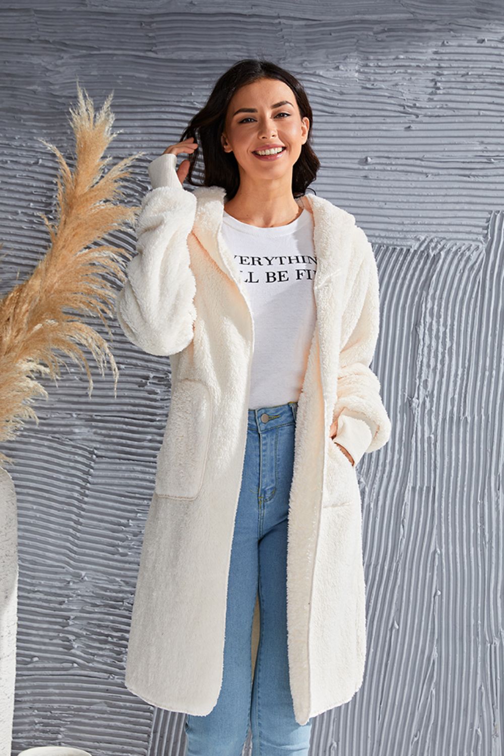 Double Take Full Size Hooded Teddy Bear Jacket with Thumbholes  DAME BOHEME