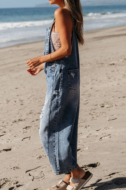 Distressed Bib Pocket Wide Leg Denim Overalls  DAME BOHEME