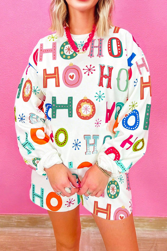 White Ho Ho Ho Letter Graphic Christmas Pajama Set  DAME BOHEME