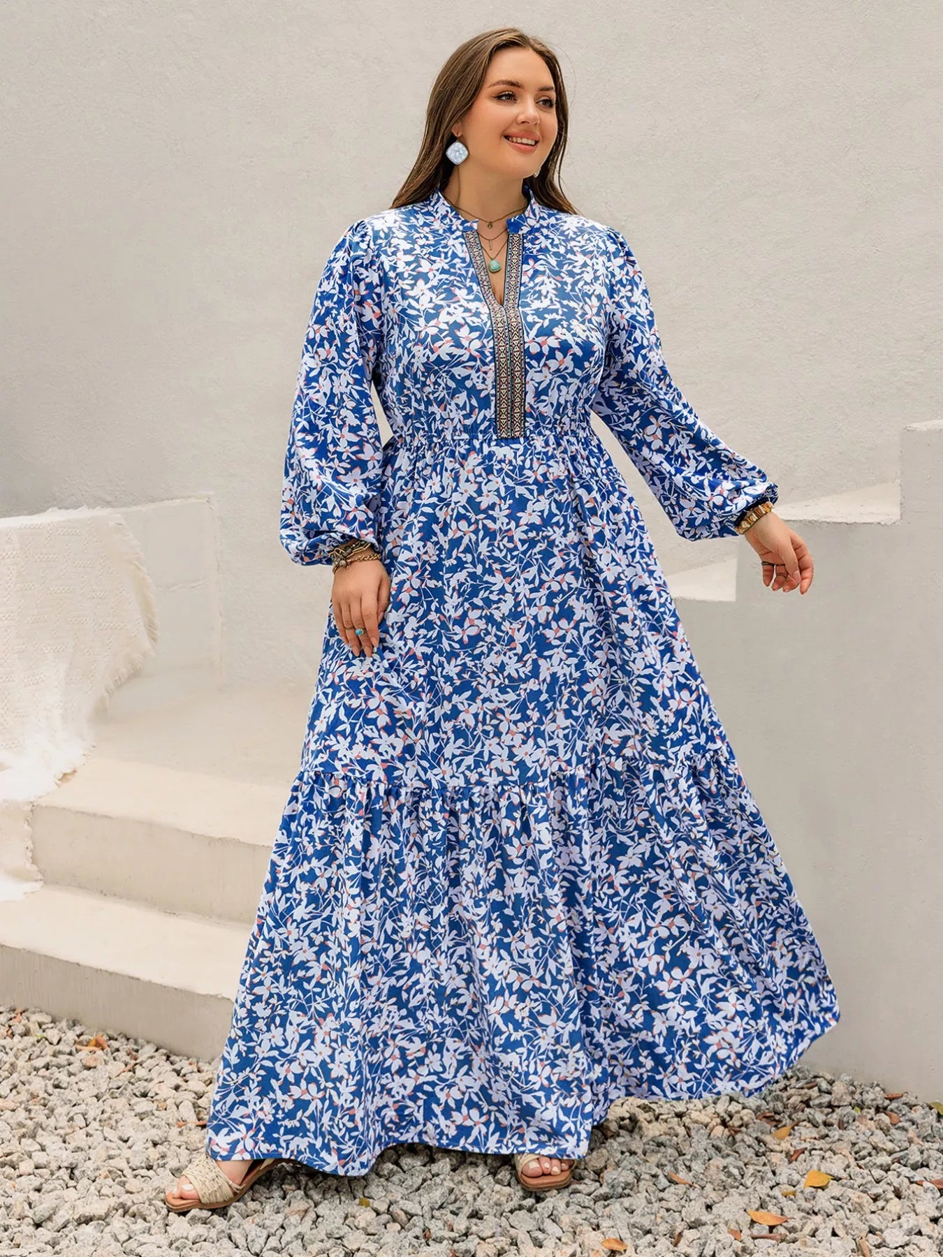 Plus Size Floral Print Bohemian Maxi Dress  DAME BOHEME