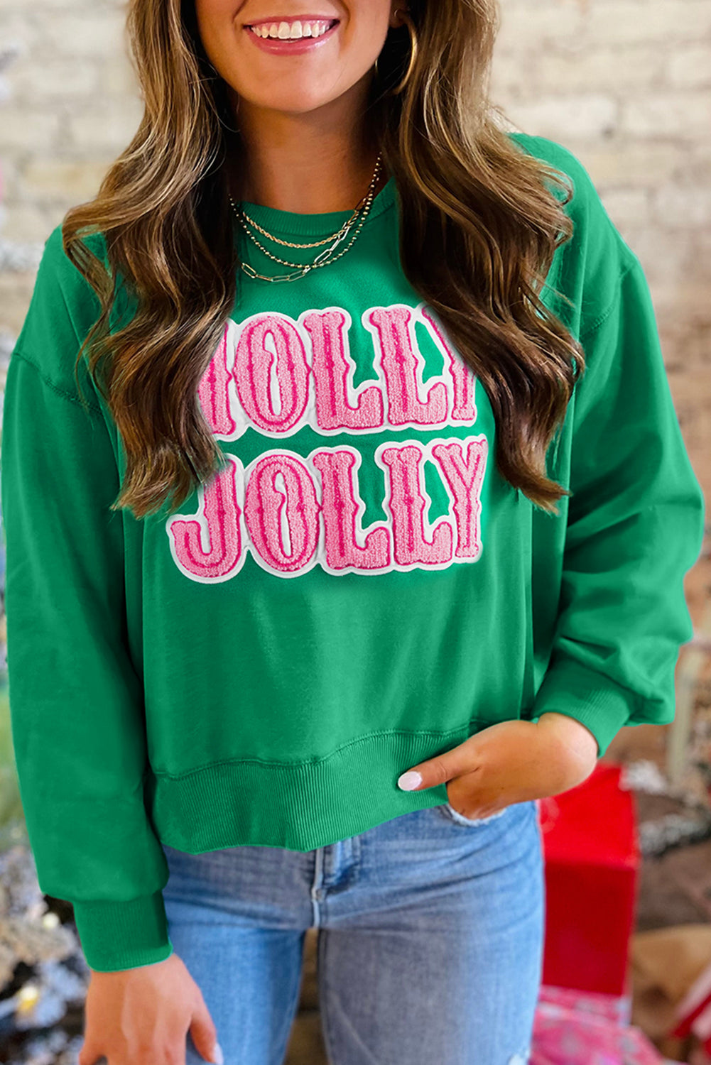 Sea Green HOLLY JOLLY Letter Christmas Holiday Sweatshirt  DAME BOHEME