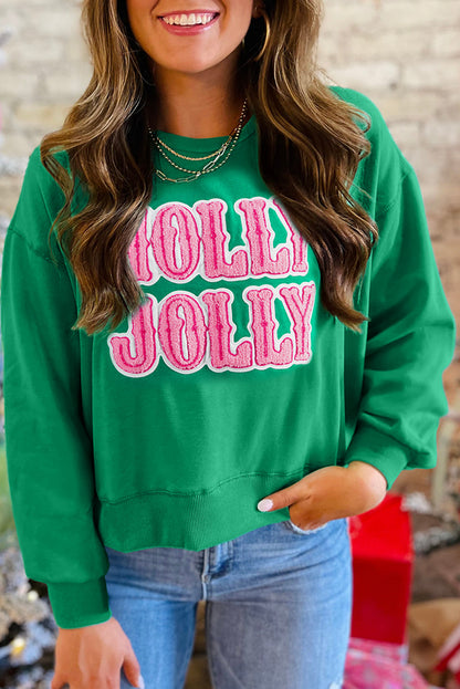 Sea Green HOLLY JOLLY Letter Christmas Holiday Sweatshirt  DAME BOHEME