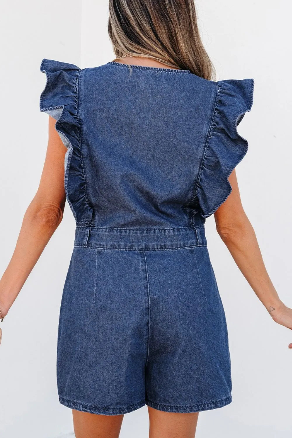 Denim Ruffled Zipped Front Belted Romper Trendsi