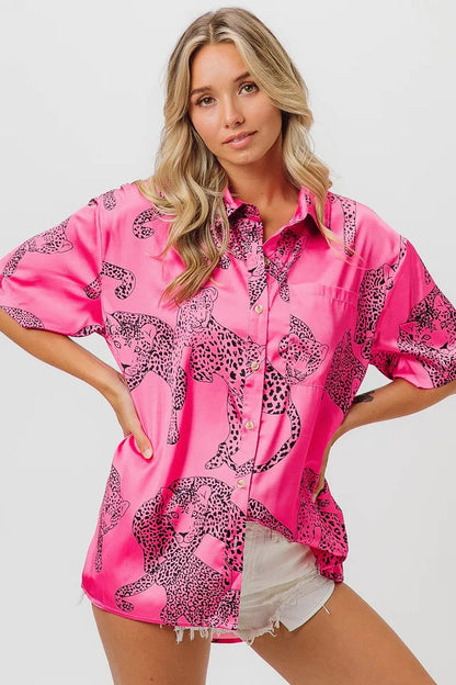 BiBi Leopard Print Short Sleeve Silky Satin Shirt Trendsi