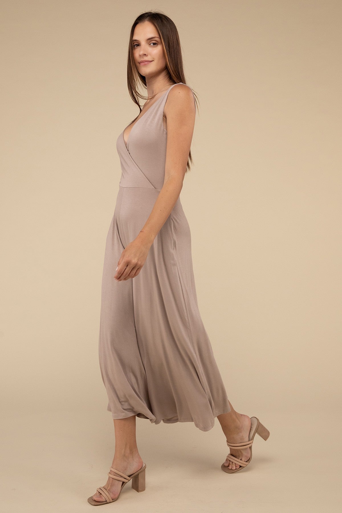 Surplice Neckline Sleeveless Midi Flared Jumpsuit ZENANA