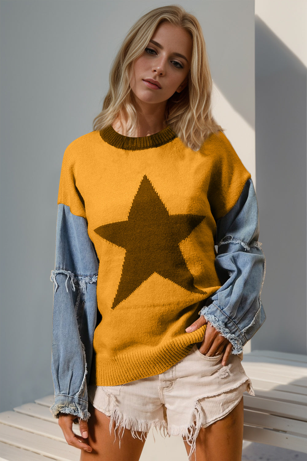 Double Take Full Size Star Pattern Raw Edge Long Sleeve Sweater  DAME BOHEME