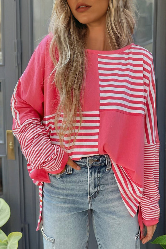 Pink Stripe Color Block Patchwork Drop Shoulder Long Sleeve Tunic Top  DAME BOHEME