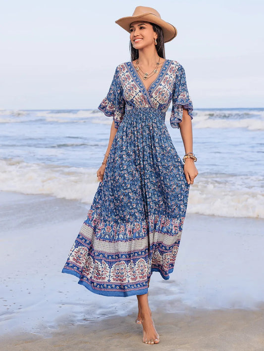 Bohemian Ruched Printed Flounce Sleeve Midi Dress Trendsi