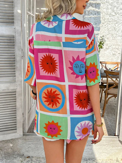 Devine Tropical Print Button-Down Shirt and Shorts Set Trendsi