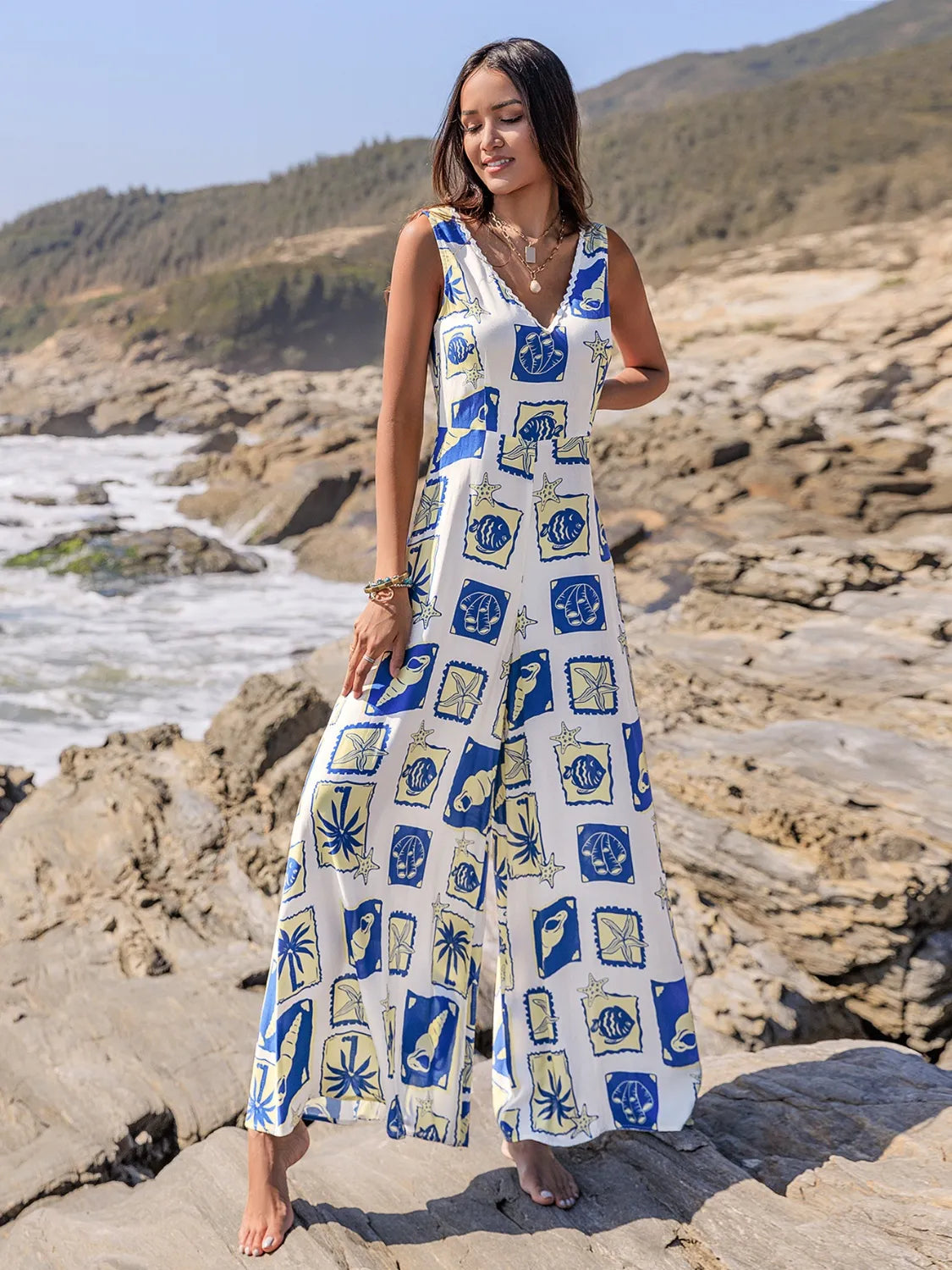 Printed V-Neck Wide Leg Jumpsuit Trendsi