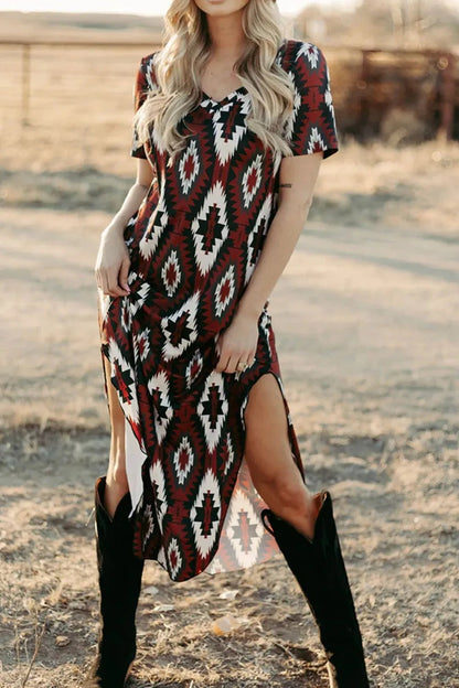Aztec Print V-Neck Midi Dress Trendsi