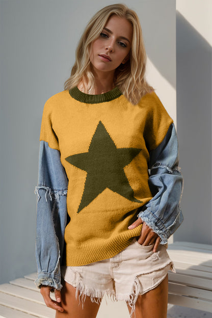 Double Take Full Size Star Pattern Raw Edge Long Sleeve Sweater  DAME BOHEME