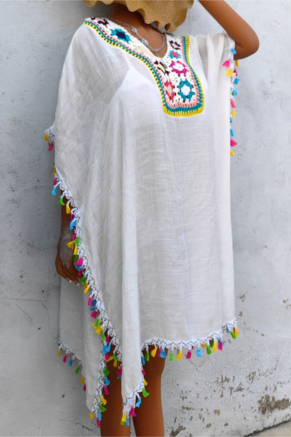 Tassel Detail Embroidery Kimono Dress Cover-up Trendsi
