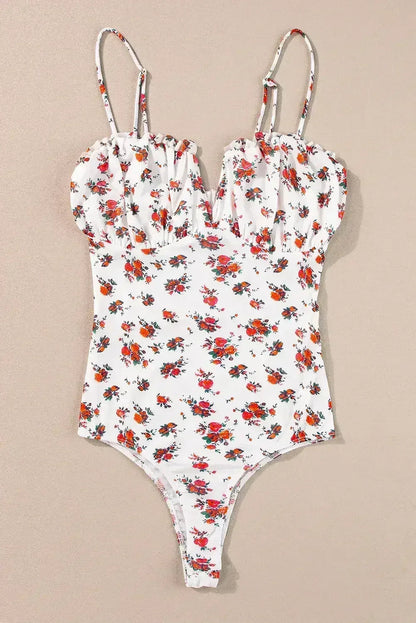 White Floral V-Cut Mesh Bodysuit with Frill Trim - Femstylo  DAME BOHEME