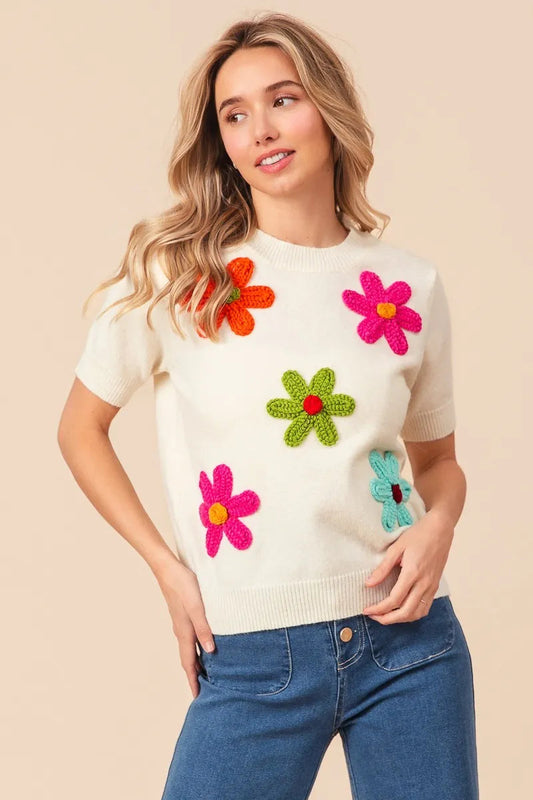 BiBi Crochet Flower Patch Sweater Top Trendsi