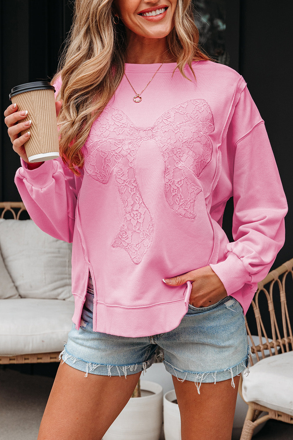 Brianna Lace Bow Embroidered Exposed Seam Sweatshirt  DAME BOHEME