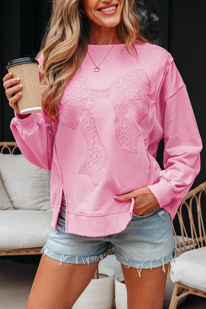 Brianna Lace Bow Embroidered Exposed Seam Sweatshirt  DAME BOHEME
