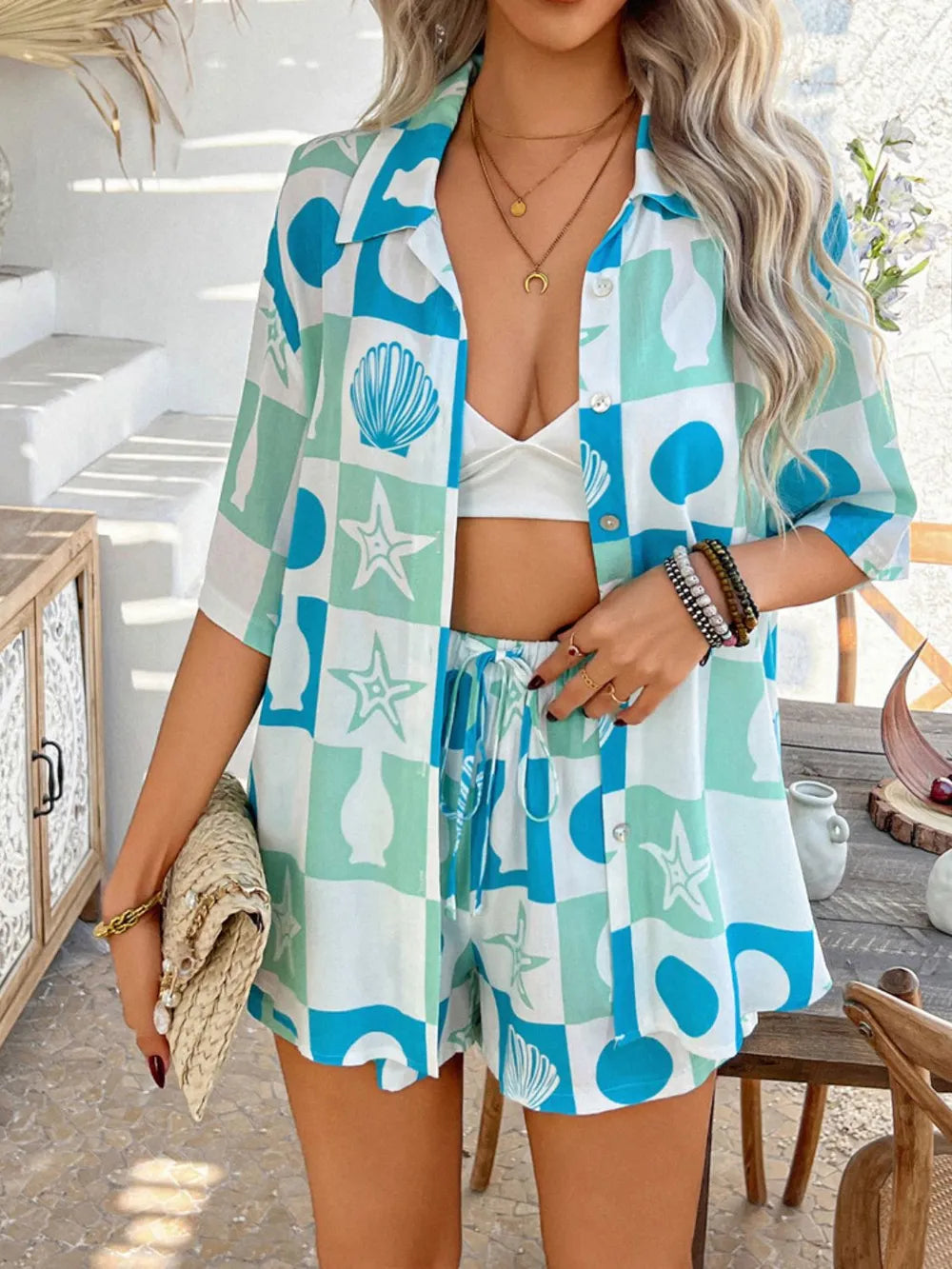 Devine Tropical Print Button-Down Shirt and Shorts Set Trendsi