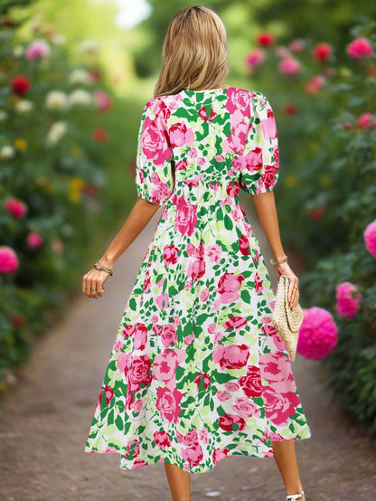 Ruched Roses Surplice Short Sleeve Dress Trendsi
