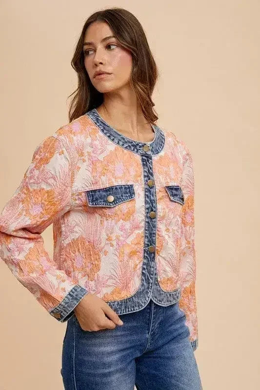 Floral Jacquard Denim Jacket - Contrast Button Down | Femstylo  DAME BOHEME