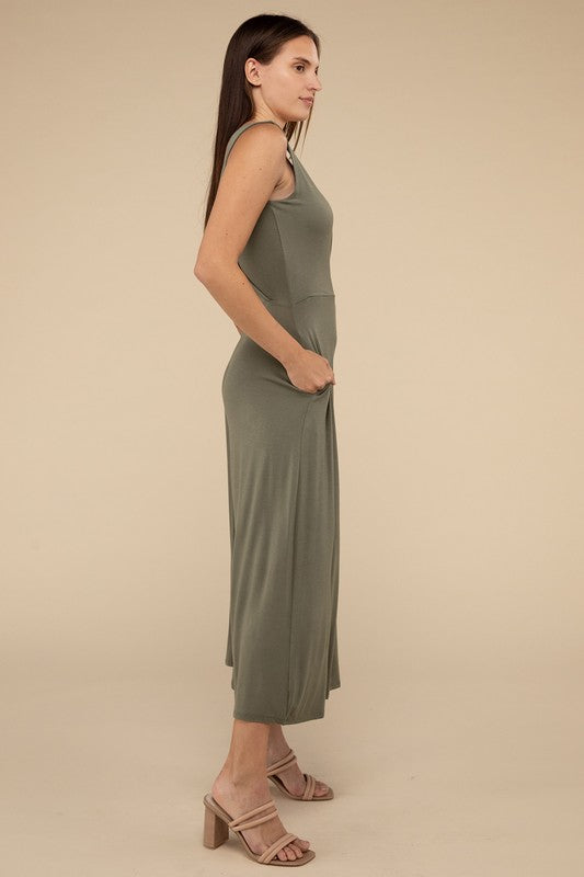 Surplice Neckline Sleeveless Midi Flared Jumpsuit ZENANA