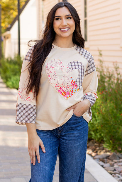 Emilia Plaid Floral Peace Heart Long Sleeve Top  DAME BOHEME