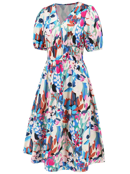 Ruched Roses Surplice Short Sleeve Dress Trendsi