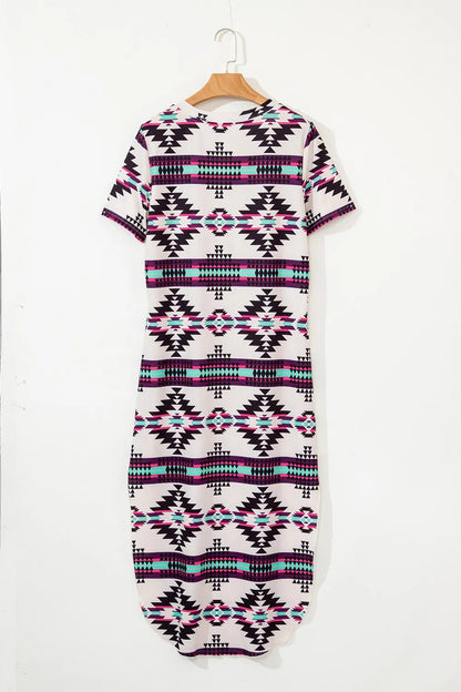 Aztec Print V-Neck Midi Dress Trendsi