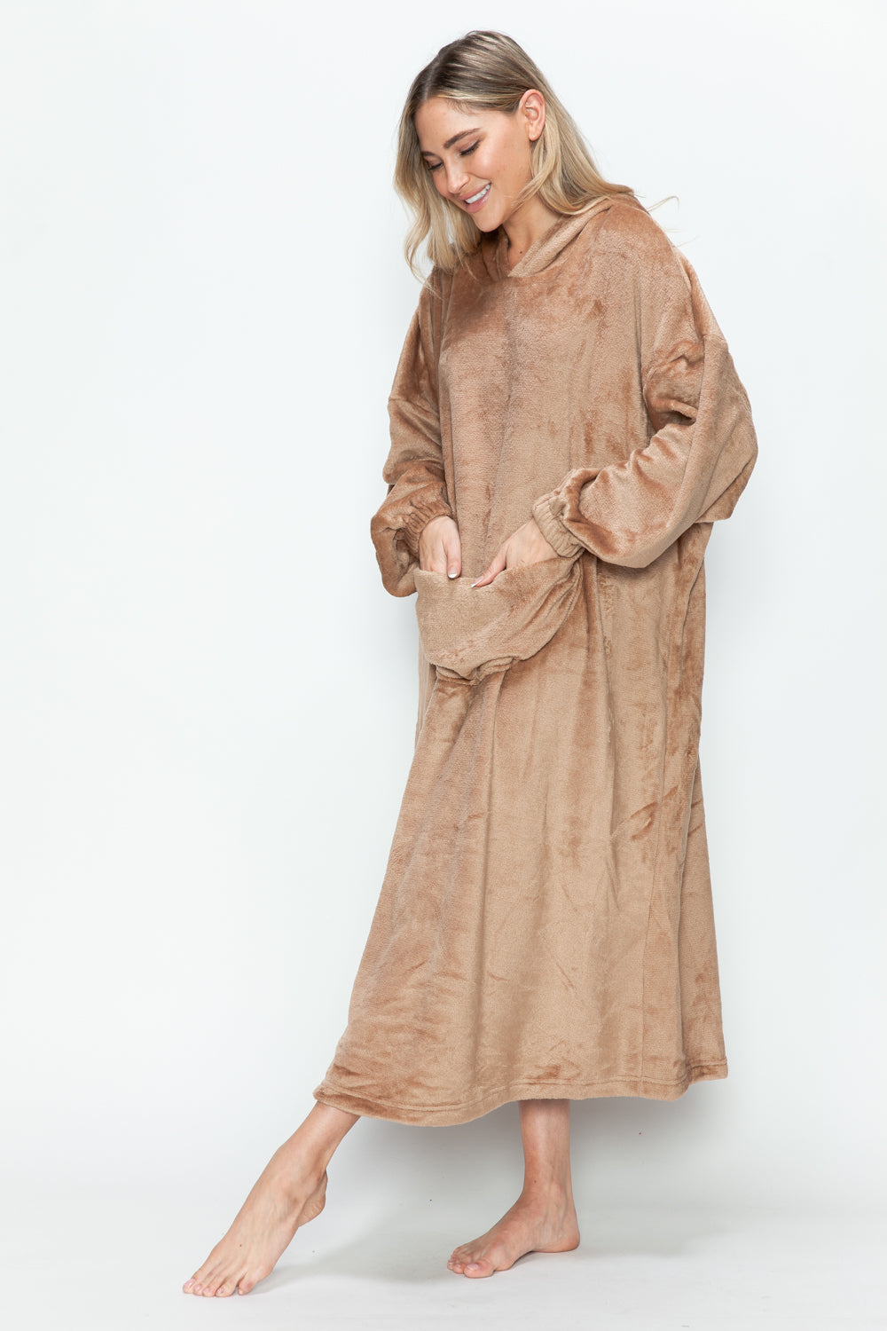 Full Size Pocketed Hooded Midi Lounge Dress Trendsi