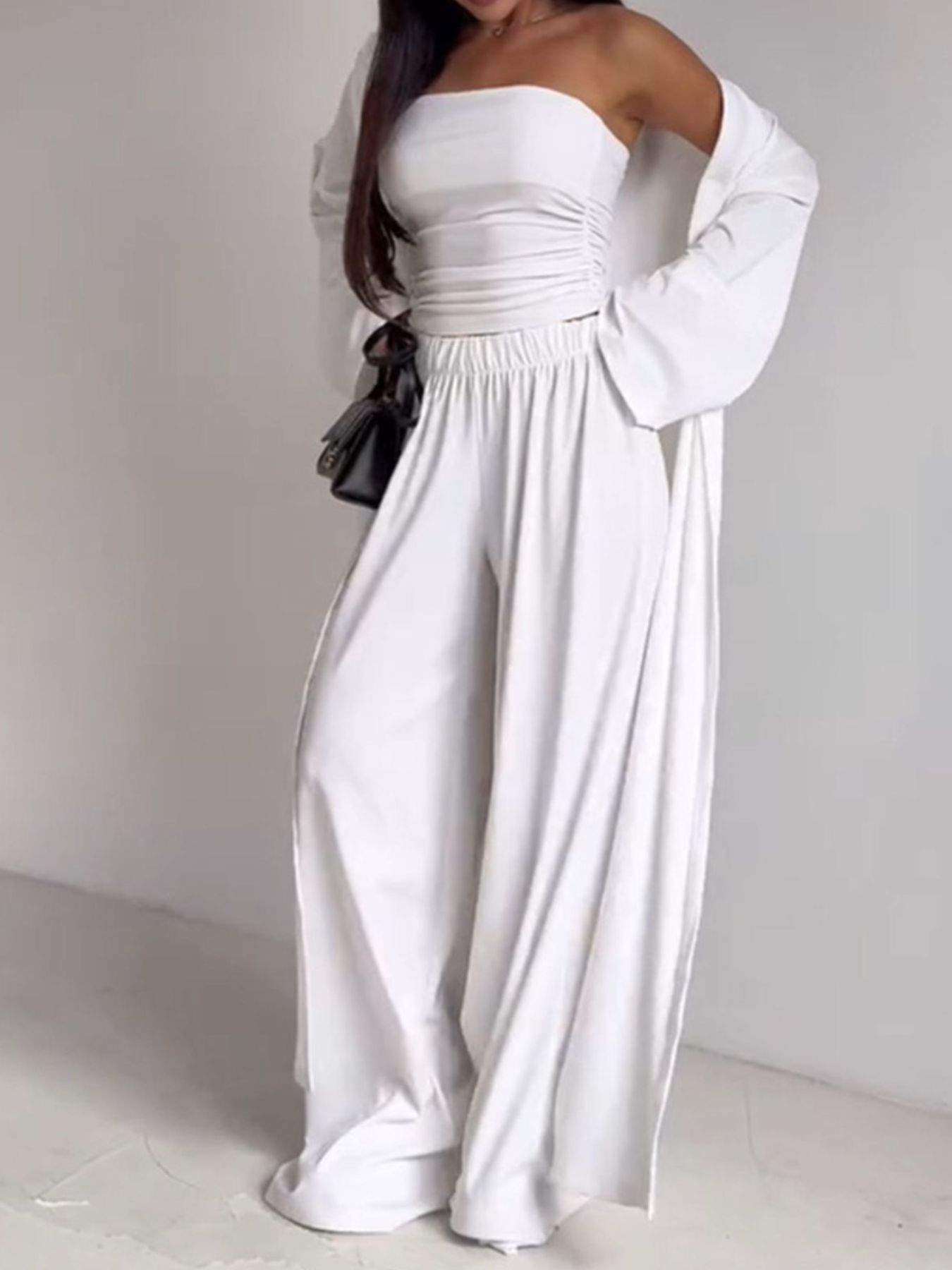 Tube Top, Long Cardigan and Flared Long Pants Three Piece Casual Set  DAME BOHEME