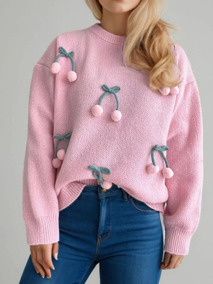 Cherry Pom-Pom Knit Round Neck Sweater  DAME BOHEME