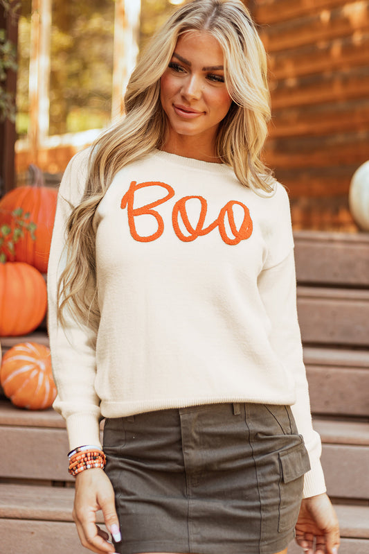 Boo Knitted Pattern Ribbed Edge Sweater  DAME BOHEME
