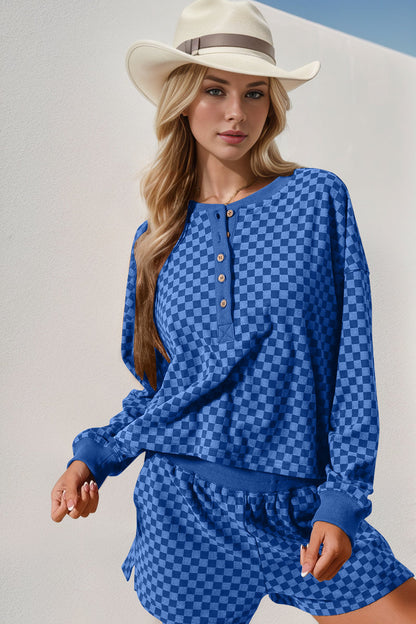 Double Take Checkered Half Button Top and Shorts Set  DAME BOHEME