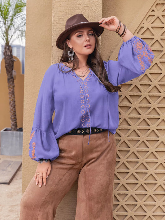 Plus Size Boho Embroidered Long Sleeve Blouse  DAME BOHEME