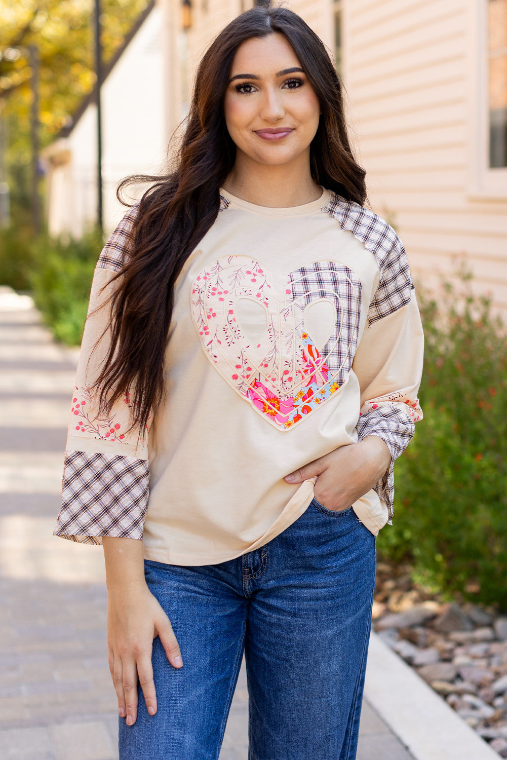 Emilia Plaid Floral Peace Heart Long Sleeve Top  DAME BOHEME