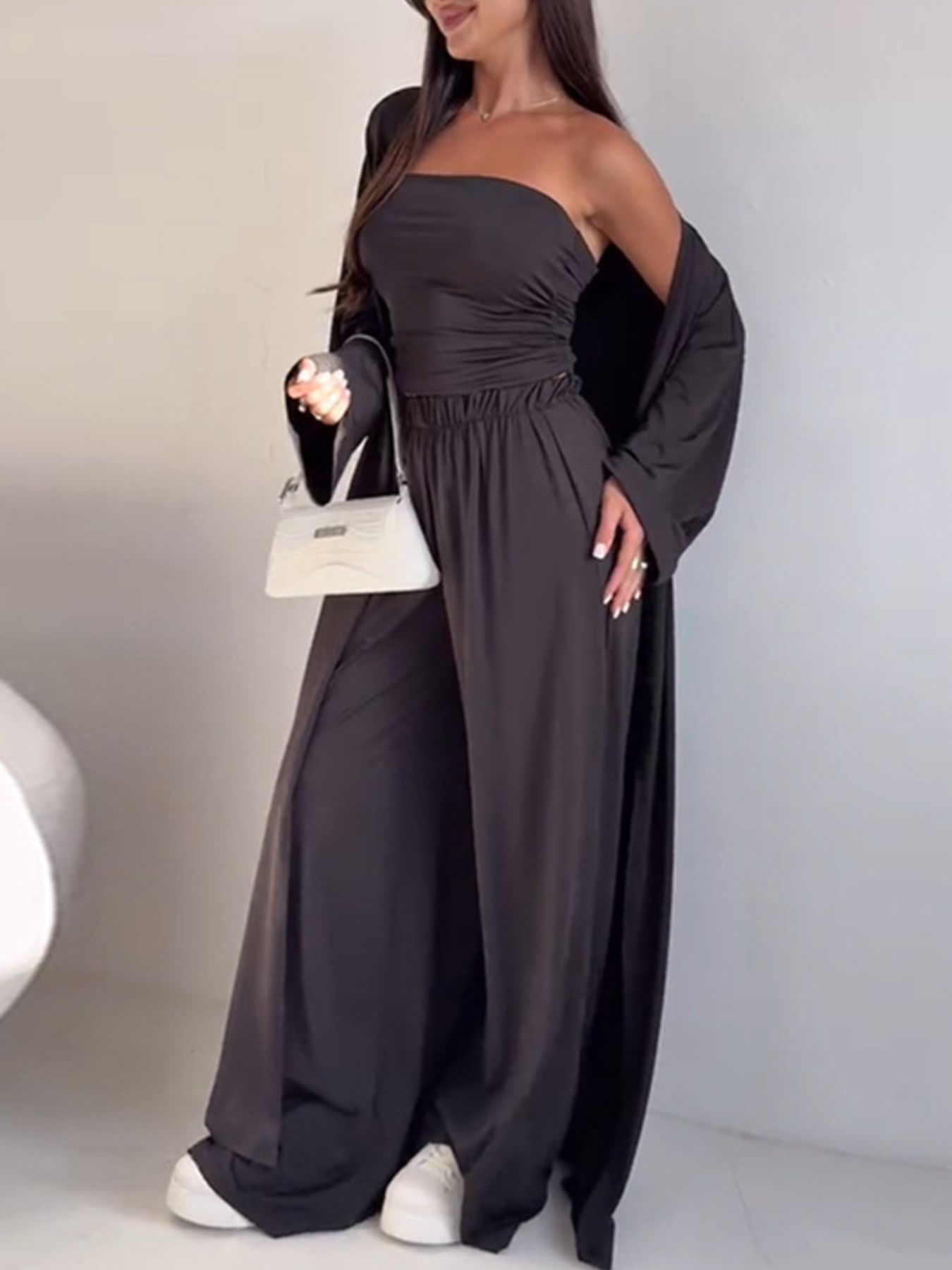 Tube Top, Long Cardigan and Flared Long Pants Three Piece Casual Set  DAME BOHEME