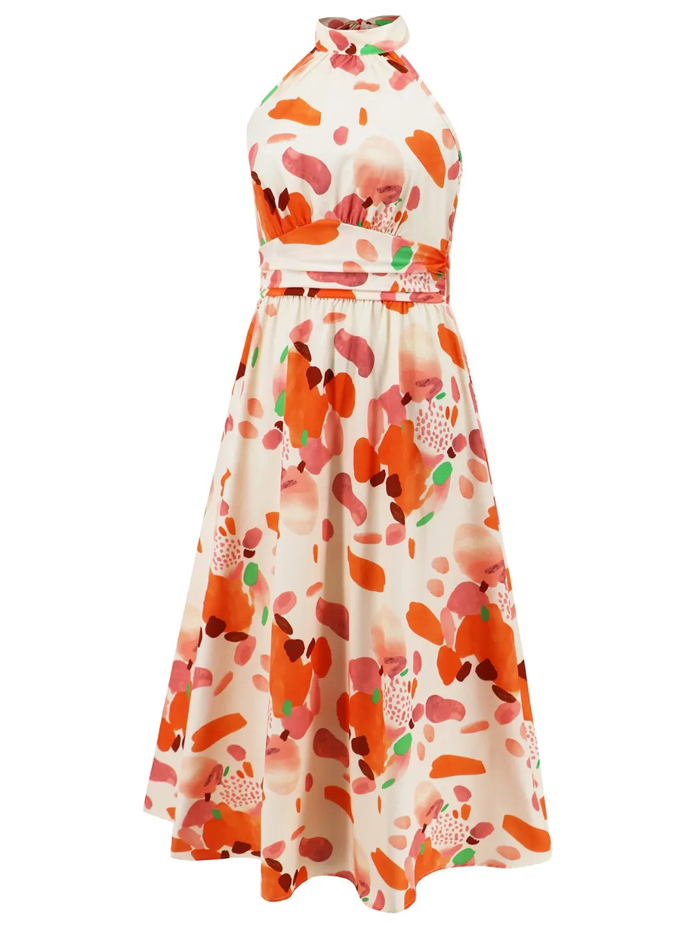 Ruched Printed Halter Neck Midi Dress Trendsi