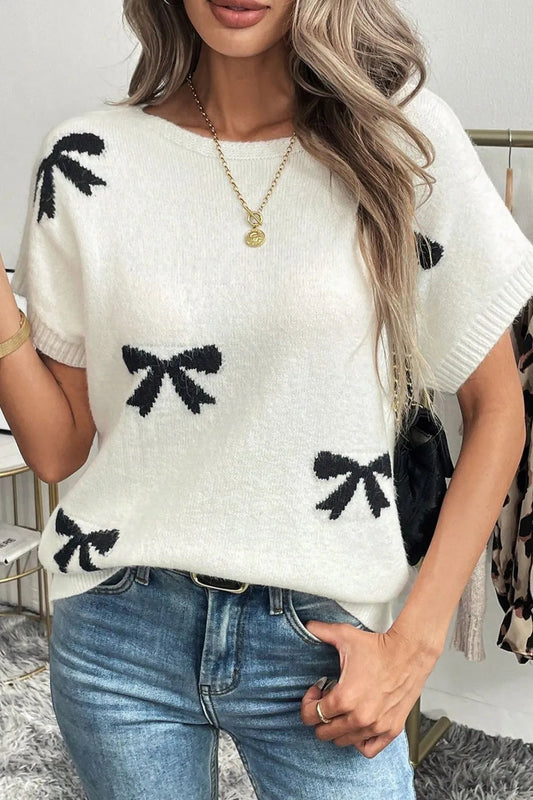 Bow Pattern Knit Short Sleeve Sweater  DAME BOHEME