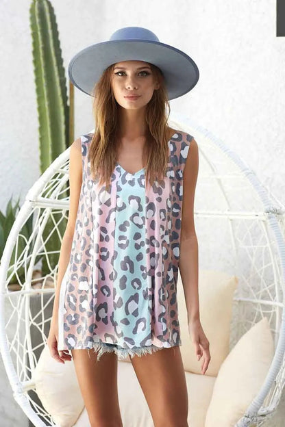 BiBi Leopard Printed Jersey Knit Color Block Tank Top Trendsi