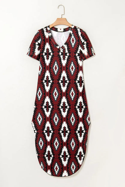 Aztec Print V-Neck Midi Dress Trendsi