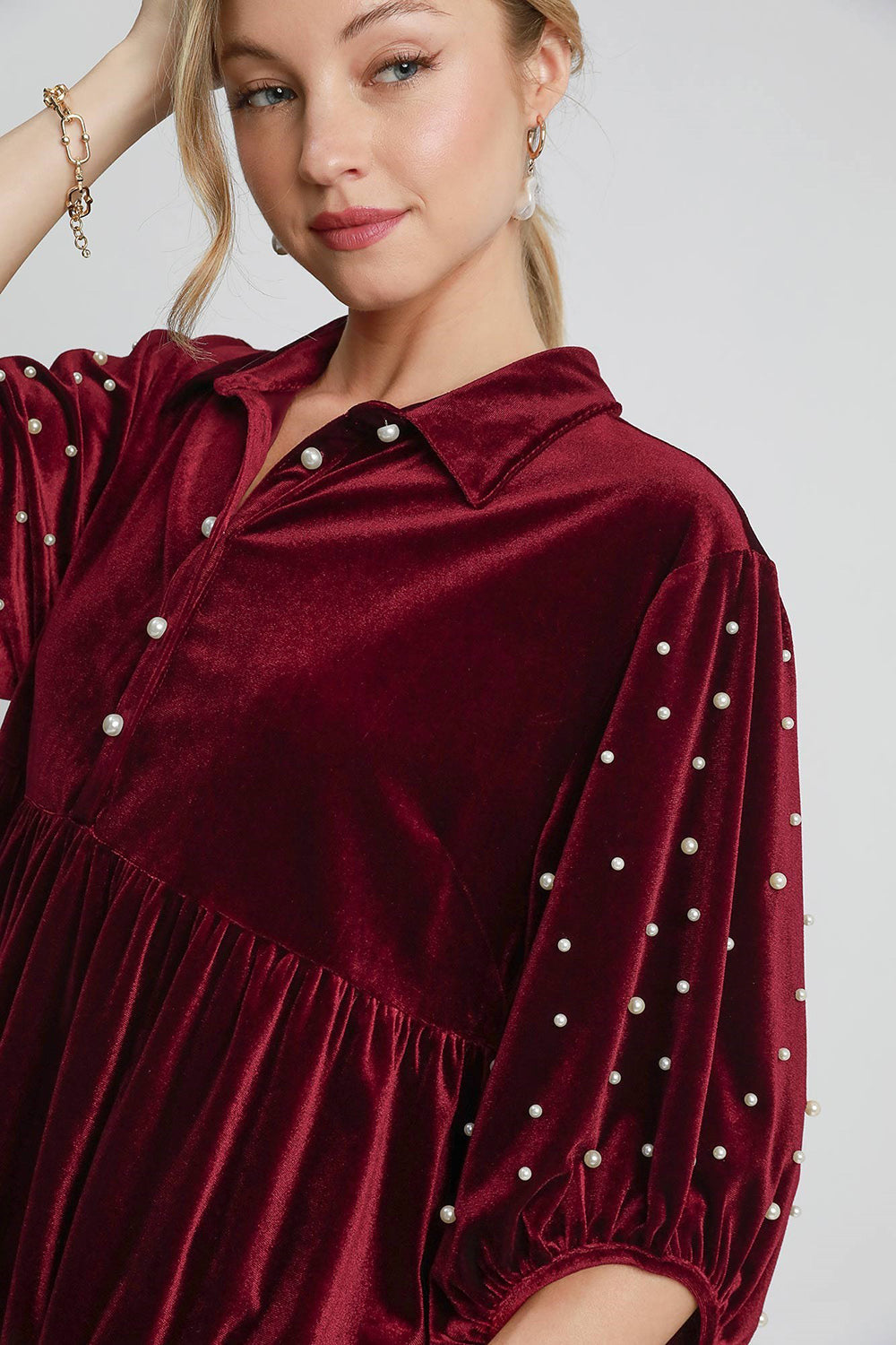 Umgee Pearl Detail Collared Neck Velvet Babydoll Blouse Trendsi