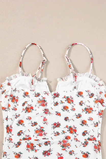White Floral V-Cut Mesh Bodysuit with Frill Trim - Femstylo  DAME BOHEME